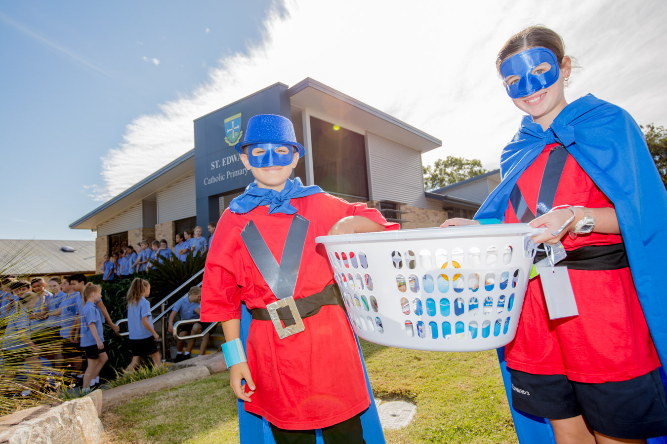 Students dressed in costume outside the school promoting community participation celebration and engagement in school events
