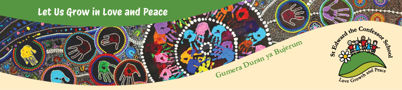 Cultural artwork banner featuring handprints and symbols promoting community identity inclusion and the message of growing in love and peace