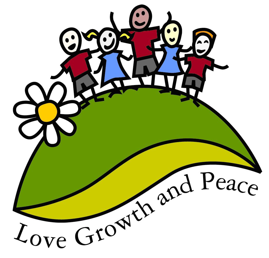 School logo - School values illustration showing children holding hands on a hill representing community connection inclusion and the message of love growth and peace